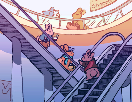 Two bunnies see each other while on escalators going in opposite directions, in the atrium of a local mall. One of them has a punkish hairstyle and stud earring, while the other is dressed in 'normie' attire and has an iced coffee