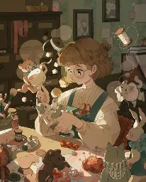 a drawing of a seamstress at her desk repairing a plushie cat with a needle, thread, and pins; other plushie animals are alive and watching the repairs; near the seamstress, there are snacks and sewing supplies magically floating around, and a couple other plushie animals are also floating, holding onto a tea cup and a spool of thread