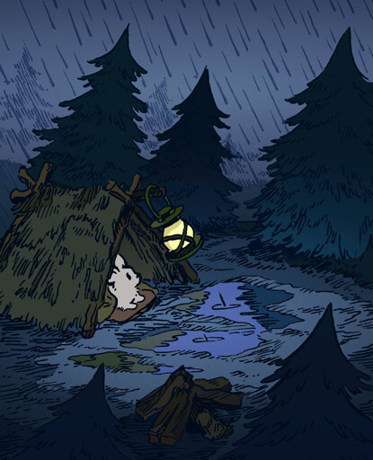 A bunny takes shelter from the rain, in the woods at night. They have made an a-frame structure out of branches and grass. They also have a lantern and bedroll.