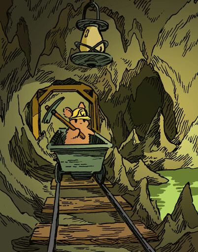 A bunny with a pickaxe sits in a large minecart, going down a track. He is in a dimly luminescent mineshaft, with an old lamp and an underground pool nearby