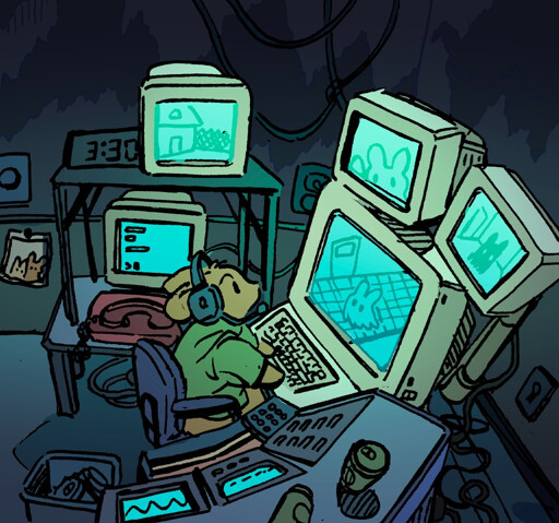 A bunny security guard is up late watching cctv camera footage at their place of work. On the screens there are several anomalous ghost or spirit bunnies peering back at him. One of them waves
