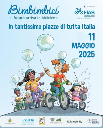 Volantino di bimbimbici.

Sullo sfondo un disegno fumettoso di alcuni bimbi in bici che portano dei palloncini a forma di mappamondo.

Le scritte riportano le informazioni del toot