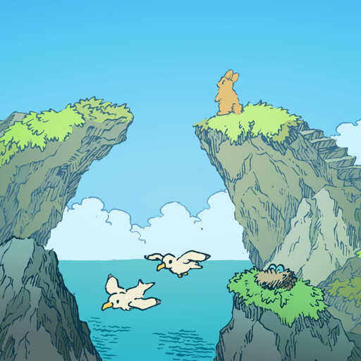 A bunny stands on a ledge over the sea, with another ledge opposite. It is almost close enough to leap over the gap, but not quite. The two might have been connected before, like a bridge, but now he will have to find some other crossing point. Seagulls fly underneath the ledge.