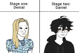 Two panels showing a woman and a man. The first panel has the woman in it and a caption labeled "Denial"; The next panel features a young looking man with the caption "Daniel".