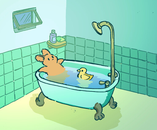 A bunny soaks in a clawfoot bathtub at home, while staring off into space absentmindedly. The water is calm, and there is a rubber duck floating in the tub