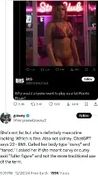 Screenshot of a reply on Twitter to a screenshot of Twitter. The inside screenshot shows a woman in a bikini from the GTA 6 trailer. The reply in the outer screenshot reads: "She's not fat but she's definitely masculine looking. Which is fine. Also not skinny. ChatGPT says 22~ BMI. Called her body type 'curvy' and 'tonned'. I asked her if she meant curvy or curvy said 'fuller figure' and not the more traditional use of the term."