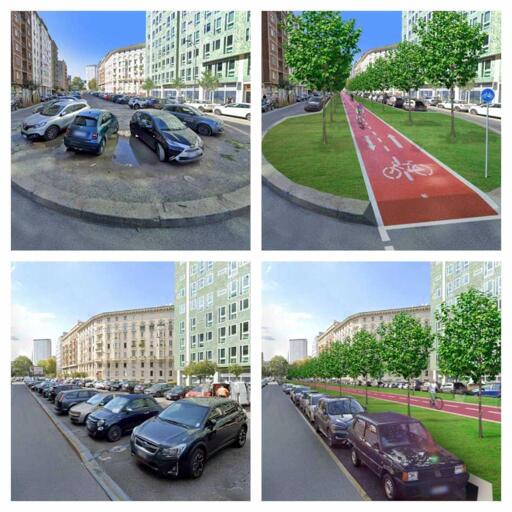 Foto divisa i  4.
A sinistra due foto della situazione attuale, con una strada divisa da un nastro di asfalto rovinato ricoperto di auto parcheggiate. A destra gli stessi luoghi in cui la parre centrale è composta da una pista ciclabile circondata da due strisce di prato alberate. I parcheggi sono ancora disponibili, ma paralleli ed in strada

Composizione di foto dall'articolo di urbanfile: https://blog.urbanfile.org/2025/05/20/milano-loreto-centrale-una-ciclabile-verde-in-viale-andrea-doria-magari/