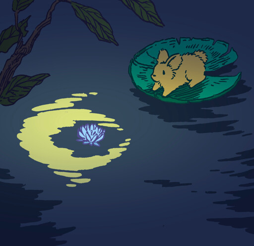 A bunny stands on a large floating lilypad at night. They look inquisitively at the reflection of a crescent moon in the water, unable to reach it.