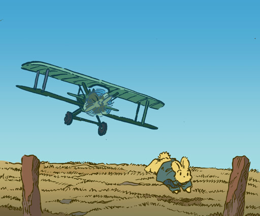 A bunny flees from a biplane, recalling a scene from Alfred Hitchcock's "North By Northwest". The bunny is wearing a suit, and is in the middle of a barren field in the midwest.