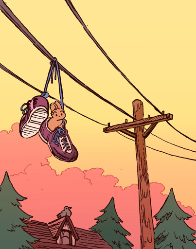 A bunny is inside one of a pair of shoes that someone has hung from a telephone pole. She is clinging to the shoelace and looking down nervously, but is hangin' in there. Other than that, it is a calm dusky evening