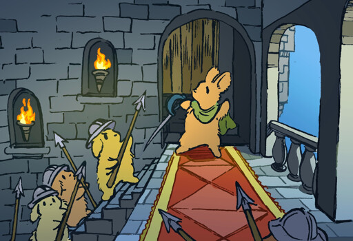 A heroic bunny with a cape and sword is at by a window in a medieval-looking castle. The bunny has been cornered by guard bunnies, armed with spears, but continues to fight valiantly.