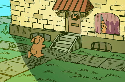 A bunny is standing outside a small back doorway, asking to be let in. Another bunny regards him from a small window in the doorway, annoyed. Other bunnies, members of the secret club, also look perturbed from a window.