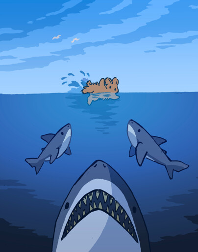 A bunny swims on the surface of the ocean, in a scene similar to the movie poster for "Jaws" with a giant Great White Shark below the water. There are also two much smaller shark siblings looking up at the bunny.