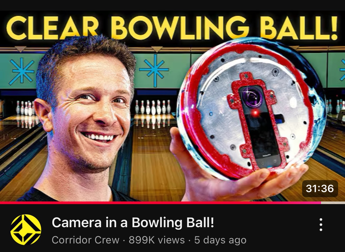 YouTube thumbnail screenshot of transparent bowling ball video by corridor crew