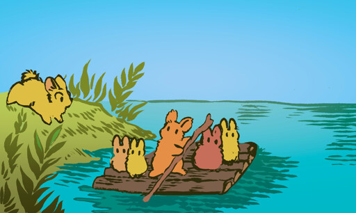 A bunny runs frantically to catch an old-fashioned river raft as it leaves for the opposite shore. The raft is already full of other, smaller bunnies, and the bunny steering the raft has already started to depart