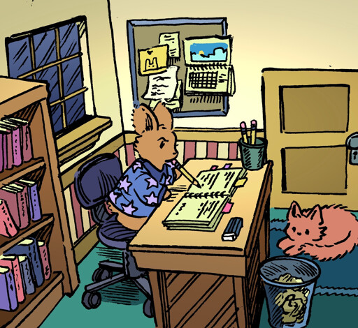 A bunny in a blue and purple pajama shirt slouches at her desk writing in a spiral notebook. She is writing a novel. There is a cat behind her desk. It is late at night