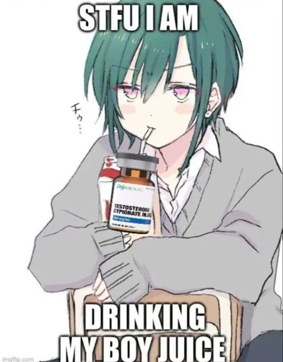 Picture of a boy drinking from a vial of testosterone cypionate captioned "STFU I am drinking my boy juice"