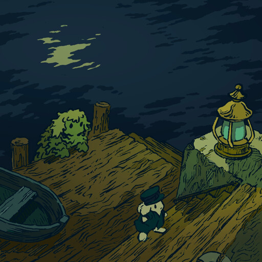 On an old wooden dock at nighttime, a seamonster bunny climbs ashore. It seems to be made of or covered in seaweed, like a 'swamp-thing' or Creature From the Black Lagoon. An unsuspecting sailor bunny climbs the steps towards the shore nearby.