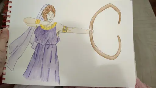 Penelope in a purple dress, looking fierce and holding Odysseus' inverted bow. Painted in watercolours