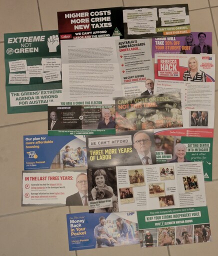 A photo of a mosaic of political advertising from the Greens, Labor, LNP, and LNP-aligned group Advance Australia