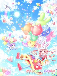 an anime-style key visual looking up at a sky filled with several kinds of party balloons, some with various prints, some with bunny ears, some with cat ears, and some transparent with smaller balloons inside; this is the handiwork of a magical girl with a red polka dot dress, balloon crafted bunny ears, other accessories made of balloons, and the tools to make more; she's holding onto a bundle of balloons in one hand and reaching out to the viewer with the other hand; there's also a girl with purple hair and a white lab coat flying with a bundle of balloons tied around her waist
