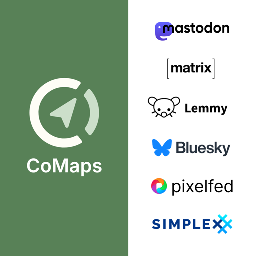 On the left the CoMaps logo, and on the right logos of Mastodon, Matrix, Lemmy, Bluesky, Pixelfed, SimpleX.