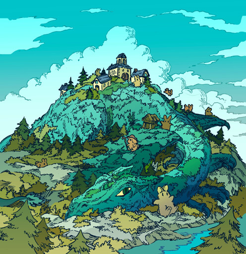 Bunnies have built a small village atop a sleeping dragon, which has been there so long that plants have grown over it, providing camouflage. One bunny sitting close to the dragon's ear, absentmindedly tells stories, not realiing that the dragon has just opened it's eye and is looking at the bunny.