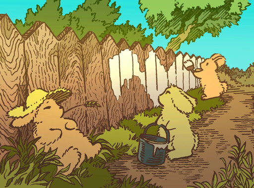 A bunny in a straw hat sits back as two of his friends paint a fence, on a sunny day. He has a bit of grass in his mouth, and resembles Tom Sawyer in a famous story. The two bunnies doing the labor are having fun, one with a brush and the other holding the paint can.