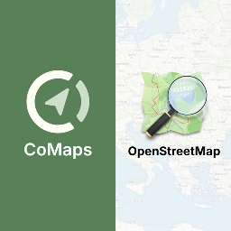 On the left the CoMaps logo on an olive green background. On the right the OpenStreetMap logo on a background of a map.