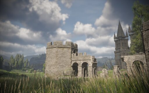 A field with ruins. There is some trees in the distance. We can the a small portion of the Hogwarts castle. The weather is cloudy, but we can still see the blue sky.