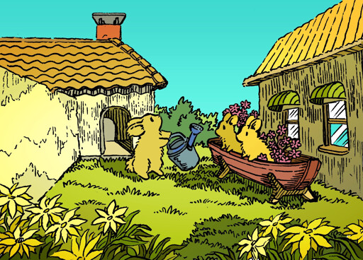 In a garden in the backyard, a bunny has a small wooden boat they have turned into a flowerbed. The bunny tries to water the flowers, but two littler bunnies are sitting in the boat/waterbed, playing in it. It is a balmy summer day