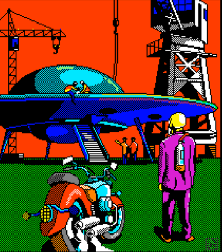 A Skeleton in a suit standing next to a running motorcycle, watching two others working on top of a UFO,