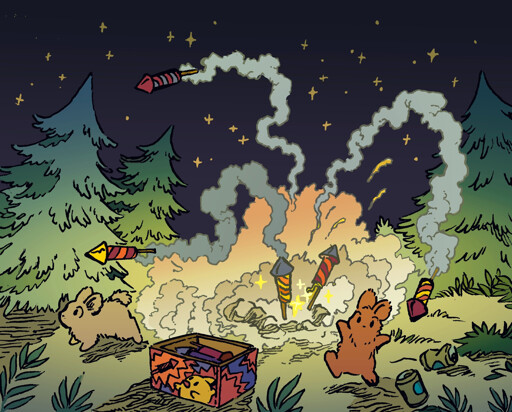 Two bunnies flee from a bunch of home fireworks going off at once. The fireworks are the old-fashioned rocket-shaped ones, and the bunnies purchased a crate of them to light out in the woods at night. The fireworks that have already gone off spiral erratically in all directions