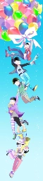 A tall drawing of all six brothers from Osomatsu-san in the sky hanging from a large bundle of party balloons and each others' legs; from the bottom of the image, Todomatsu (with a wrapped present) is holding onto Jyushimatsu (upside-down) who is hanging from Ichimatsu (with a cat), who is held by his hoodie by Choromatsu, who is hanging from Karamatsu (with a flower), who is hanging from Osomatsu, who is hanging from a giant bow tied to all the balloons
