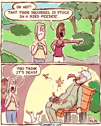 Two women are parking in a park. Woman: OH MY GOD! THERE’S A SQUIRREL STUCK IN THE BIRDFEEDER! And then we see an old lady, who had been feeding the birds, but is now sitting dead on the bench, with a squirrel’s tail sticking out of her mouth.