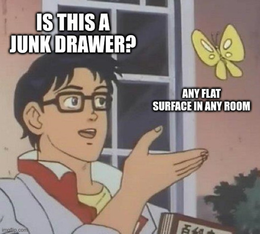 Is this a pigeon meme: "any flat surface in any room" -> "is this a junk drawer?"