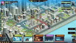 A pixel art tactical strategy game screen showing a futuristic city grid under attack by giant mechs. The player controls Nicole Ceti (top left portrait, 8/24 HP) with three energy points, facing two enemy mechs on the right side of the city. Buildings, roads, and a park are visible on the grid, with red tiles marking enemy attack zones. At the bottom, the player’s available cards include Gravitas, Artillery, Rocket, Black Hole Burst, and Beam Knife. Options on the right allow undoing a move or ending the turn.