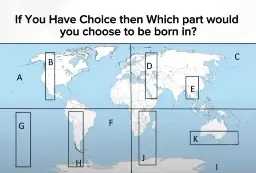 "If You Have Choice then Which part would you choose to be born in?" Below a picture of the world divided into sections labeled A to K
