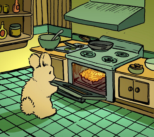 A bunny opens the oven to inspect a pastry they are baking, a simple french apple tart in a square baking pan. They are in a small kitchen, with the mixing bowl and cutting board still on the counter.