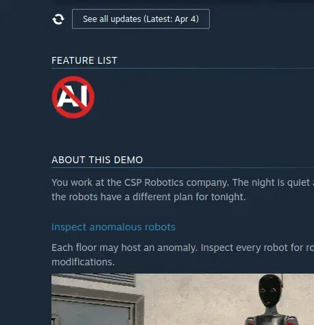 No To AI icon in the Feature section of the Robot Anomaly Steam page.