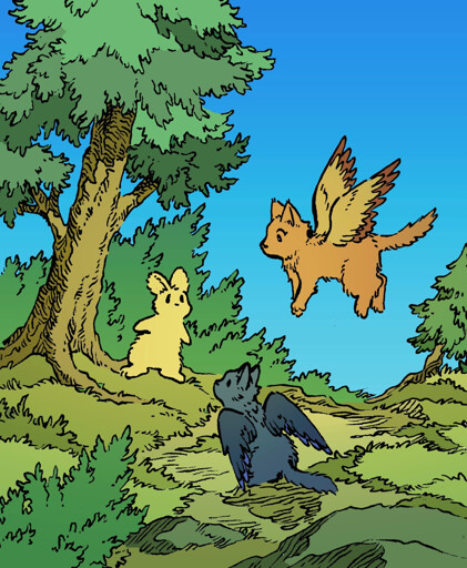 A bunny meets two cats with wings, one of which flies up to him curiously. One is black, one orange. They are on the edge of a forest