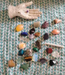 Stones and whatnot on a blanket.