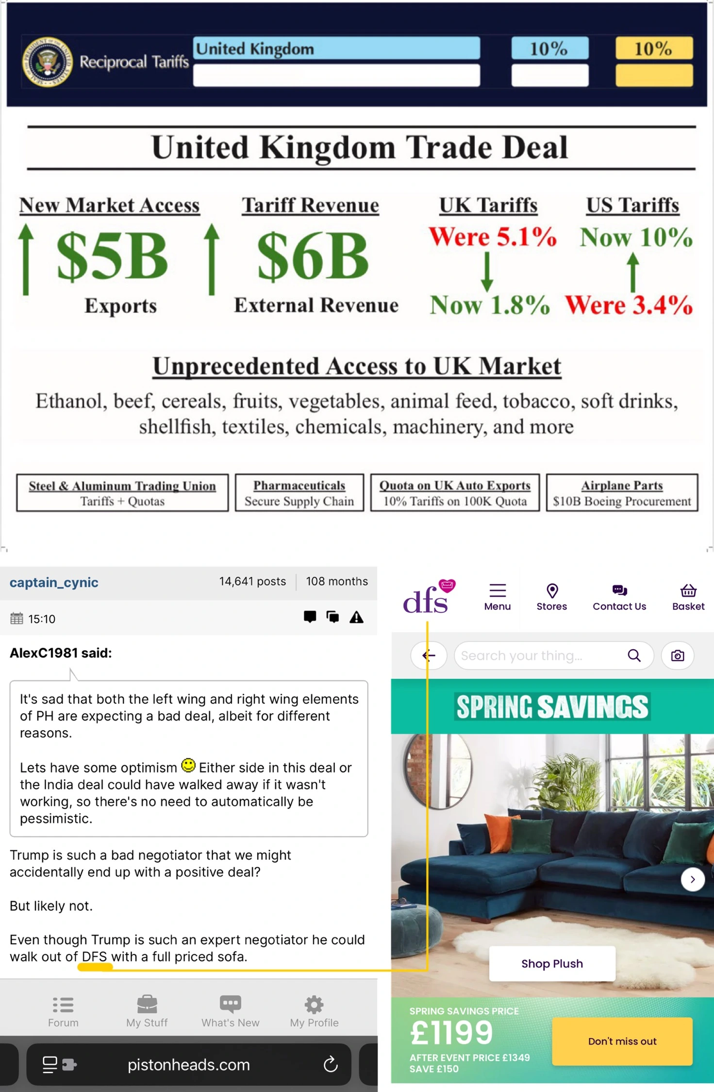 Three screenshots in one: US/UK trade deal info + UK forum comment + commenter’s referenced furniture business (DFS)