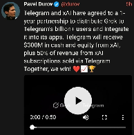Telegram and xAI agreed a one-year deal to integrate Grok into the chat app; Telegram will get $300M in cash and equity from xAI and 50% of subscription revenue.