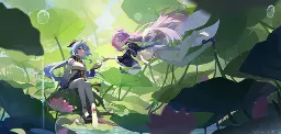 a painterly drawing of a wetlands scene from Genshin Impact; the half-illuminated beast Ganyu is perched on one of the large plants; the divine priestess Sangonomiya Kokomi appears to be swimming in the air next to her with one shoe on, offering her something