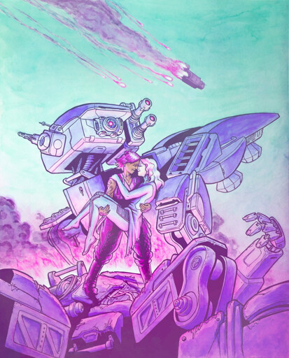 A watercolor painting of two women embracing in front of a bird shaped mech