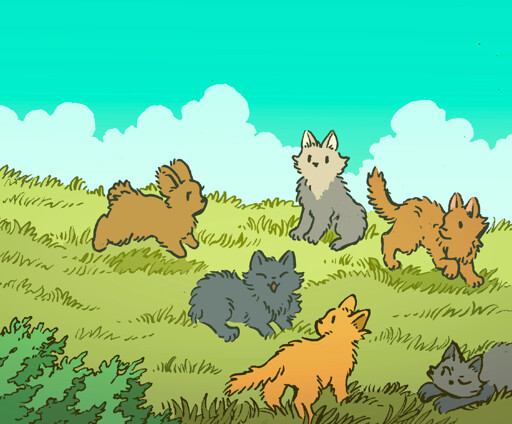 A bunny attempts to chase a pack of small cats through a field, like a sheepdog herding sheep. The cats don't really listen to the bunny, and if anything they seem confused.