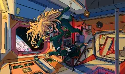 A drawing of a space station interior in microgravity and the aftermath of Yuuri and Chito from Girls' Last Tour colliding with each other as they came around the corner, sending Yuuri floating upwards with her hair spreading everywhere, Chito downwards and backflipping, and their snacks scattered behind them