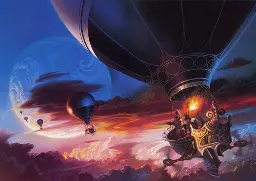 a book cover illustration of propeller-powered hot air balloons flying across the sky; they are migrating to Overland, another planet a few thousand miles away beyond the clouds
