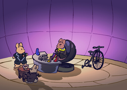 Bunnies enact a scene from "The Prisoner", which one as an intimidating "Number Two" sitting in a cushy chair, holding an umbrella behind a futuristic control panel. The other bunny points at him as if offering a challenge, and a small dwarf rabbit offers tea. They are in the middle of a purple, spherical room.